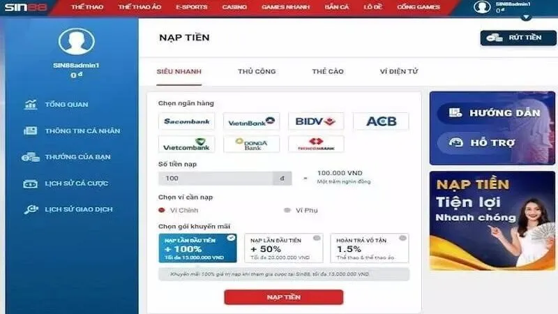 Giao dịch nạp rút tiền Sin88 không mất phí