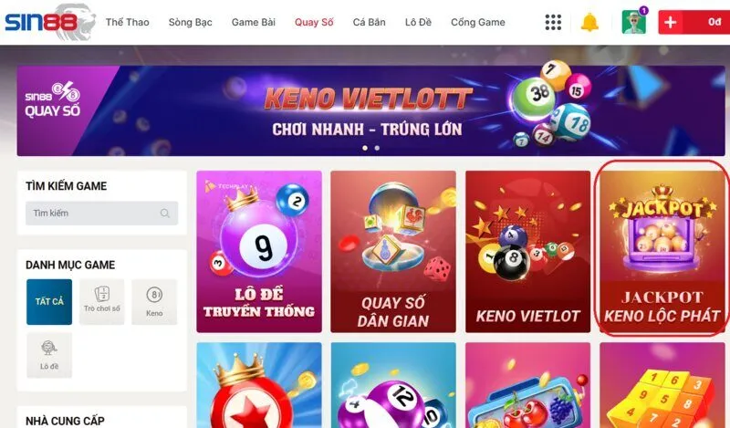 Giới thiệu Jackpot keno lộc phát Sin88