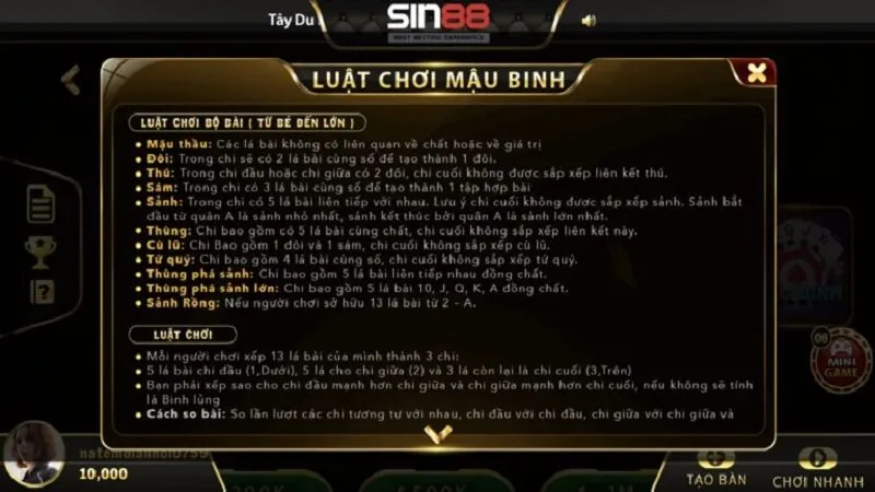 Luật chơi Mậu binh tại Sin88 chi tiết